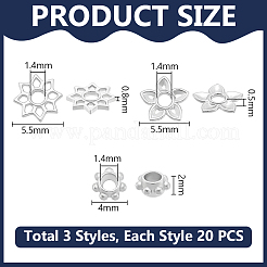 60個 3スタイル 304ステンレススチールスペーサービーズ  花  ステンレス鋼色  4~6x0.5~2mm  穴：1.4mm  20個/スタイル&nbsp;STAS-UN0063-77