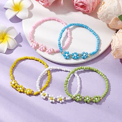 ガラスシードストレッチブレスレット  女性のためのジュリー  花  ミックスカラー  内径：2-1/8インチ（5.5cm）&nbsp;BJEW-JB110103