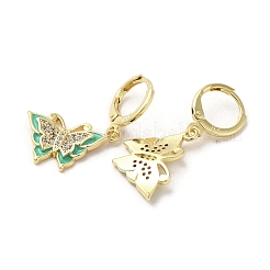 バタフライ リアル 18K ゴールド メッキ ブラス ダングル レバーバック イヤリング  キュービックジルコニアエナメル  ミディアムアクアマリン  30x17.5mm&nbsp;EJEW-L268-035G-02