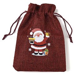 クリスマステーマのジュート布収納バッグ  長方形巾着袋  ファイヤーブリック  サンタクロース  18x13x0.4cm&nbsp;ABAG-F010-01B-07