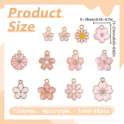 48個12スタイルアロイエナメルペンダント  ゴールドカラー  花のチャーム  ピンク  11.5~19x9~17.5x1.5~4.5mm  穴：1.4~2mm  4個/スタイル&nbsp;ENAM-HY0001-62