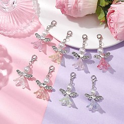 8個 8色 ウェディングシーズン エンジェル ガラス パール & アクリル ペンダント デコレーション  亜鉛合金のロブスター クロー クラスプ チャーム バッグ キー チェーン 装飾品  ミックスカラー  45mm  ペンダント：31x23.5x16mm  1pc /カラー&nbsp;HJEW-JM01924-01
