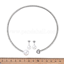 丸型プラスチック模造真珠スタッドピアス＆ラインストーンカフチョーカーネックレスセット  女性用ハート 304 ステンレススチール ジュエリーセット  ステンレス鋼色  内径：4.43インチ（112.5mm）&nbsp;SJEW-U003-11P