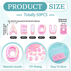 50 個 5 スタイル UV メッキレインボー虹色アクリルビーズ  イニシャルビーズ  文字 aeiou  ショッキングピンク  20.5~21x8.5~18x13.5~14mm  穴：6mm  10個/スタイル&nbsp;OACR-TA0004-93D