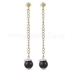 ガラスの模造真珠の丸いタッセルスタッドピアス  アクリルビーズキャップ、304ステンレススチールチェーンエクステンダー、真鍮スタッドピアス金具、真鍮フリクションイヤナット付き  ゴールドカラー  ブラック  81x12mm&nbsp;EJEW-JE06453-01