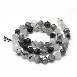 天然石ブラックルチルクォーツビーズ連売り  スターカットラウンドビーズ  多面カット  8~10x7~8mm  穴：1mm  約48個/連  15.3インチ&nbsp;G-R448-8mm-01