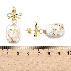 真鍮と天然バロックパール、ケシパールを使用したスタッドピアス  ちょう結びと長方形  ゴールドカラー  33~35x15mm&nbsp;EJEW-JE07097