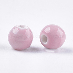 手作りの陶器ビーズ  光沢釉の磁器のスタイル  ラウンド  ピンク  7.5~8x7~7.5mm  穴：2~2.5mm&nbsp;X-PORC-S498-20A-01