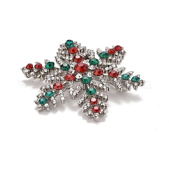 クリスマスのためのカラフルなラインストーンスノーフレークブローチ  バックパック服の合金バッジ  プラチナ  48x44x9.5mm&nbsp;JEWB-A004-04P