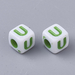 白い不透明なアクリルビーズ  水平穴  混合色の文字と立方体  文字.u  5x5x5mm  穴：2mm  約5000個/500g&nbsp;MACR-R869-01U