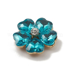 合金カボション  ガラスラインストーン付き  淡い金色  花  シアン  19x19x5.5mm&nbsp;GLAA-B010-03KCG-05