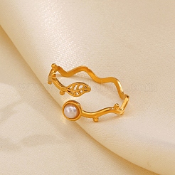リーフステンレススチールオープンカフリング  女性用プラスチック模造真珠ジュエリー  ゴールドカラー  usサイズ8（18.1mm）&nbsp;PW-WGA710A-01