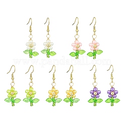 ガラスパール＆アクリルダングルイヤリング  304ステンレススチールピアスフック付き  花  ゴールドカラー  ミックスカラー  43x17.5mm&nbsp;EJEW-JE06325-01