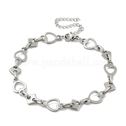 304ステンレススチールハートリンクチェーンブレスレット、男性と女性用  ステンレス鋼色  7-5/8インチ（19.5cm）&nbsp;BJEW-D042-37P