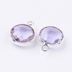 シルバーカラーメッキ真鍮ガラスフラットラウンドチャーム  多面カット  アリスブルー  12x8.5x3mm  穴：1.5mm&nbsp;X-GLAA-M003-A-12S