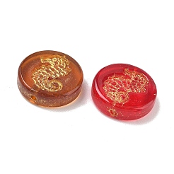 焼き絵の具、混合スタイル、ガラスビーズ  ゴールドライン入り  海の馬とフラットラウンド  ミックスカラー  22x6mm  穴：1.6mm&nbsp;GL-CBA8D6A-10