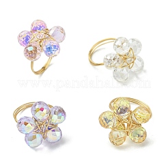 4色のガラスフラワー指輪4個  女性用真鍮ワイヤーラップリング  18KGP本金メッキ  内径：18mm  1pc /カラー&nbsp;RJEW-JR00825-02