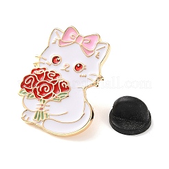 赤いバラの花束を持った猫の形をしたエナメルピン  バックパック用合金ラペルピンバック  ゴールドカラー  ホワイト  27.5x21.5mm&nbsp;AL-CBAC438-01D