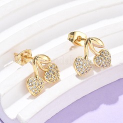 真鍮クリアキュービックジルコニアスタッドピアス  チェリー  18KGP本金メッキ  11x13mm&nbsp;EJEW-Q017-03A-G