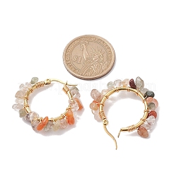 3 サイズの天然ルチルクォーツチップフープピアス 3 ペア  304ステンレスワイヤーラップイヤリング  23~35x5~8.5mm  1ペア/サイズ&nbsp;EJEW-JE05710-05