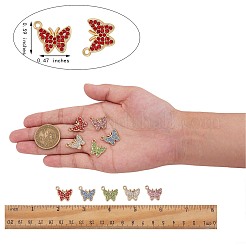 25個の合金ペンダント  キュービックジルコニア付き  ゴールドカラー  蝶  ミックスカラー  12x15mm  穴：2mm&nbsp;JX247A