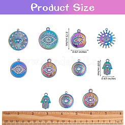 16個8スタイルアイテーマ304ステンレススチールラインストーンペンダント  hamsa hand/hand of miriam & flat round  虹色  17.5~23x11~21x2~3mm  穴：1.4~2mm  2個/スタイル&nbsp;STAS-SZ0002-85MC
