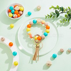 DIYビーズキーホルダーリストレット作成キット  シリコンラウンド＆未完成ウッドビーズを含む  真鍮製スエードタッセル  合金スプリットキーリング＆スプリングゲートリング  伸縮性のある糸  ミックスカラー&nbsp;DIY-CA0004-43
