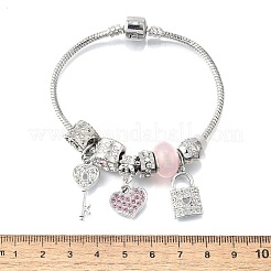 合金ヨーロッパビーズチャームブレスレット  女性用スネークチェーンブレスレット  鍵とハートと鍵穴  樹脂とラインストーンとシリコンビーズ付き  鉛フリー＆カドミウムフリー  プラチナ  7-1/2インチ（19cm）&nbsp;BJEW-F495-05P