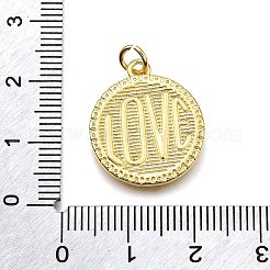 ラックメッキ真鍮チャーム  ワード「love」を刻まれたフラットラウンド  丸カン付き  カドミウムフリー＆鉛フリー  長持ちメッキ  18KGP本金メッキ  20.5x18x2mm  穴：3.5mm&nbsp;KK-K401-92G