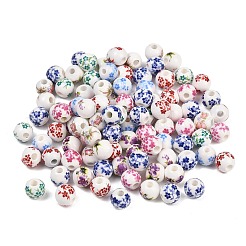 花柄プリントの磁器ビーズ  花柄のセラミック製丸ビーズ  ミックスカラー  10.5x9.5mm  穴：2~2.4mm&nbsp;PORC-T137-01C