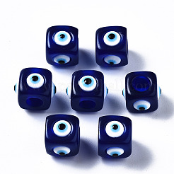 レジンヨーロピアンビーズ  大穴ビーズ  ナザールボンジュウのある立方体  ダークブルー  14x14x11mm  穴：6mm&nbsp;RESI-ZX016-06