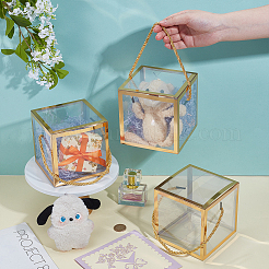 折りたたみ式ホットスタンプ透明PVC包装箱  ポリエステルロープハンドル付き  正方形  ゴールド  12.1x12.1x12.1cm&nbsp;LS-CON-WH0123-24A-02