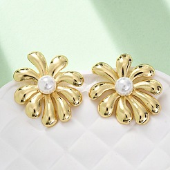 花の真鍮ABSプラスチック模造真珠スタッドピアス  ラックめっき  持続的なメッキ  カドミウムフリー＆鉛フリー  18KGP本金メッキ  23x23.5mm&nbsp;EJEW-U062-05G