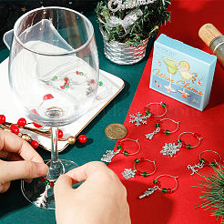 12 個のクリスマステーマのチベットスタイル合金 & ガラスペンダントワイングラスチャーム  ゴブレットマーカー  真鍮のワイングラスのチャームリング付き  ベル/スノーフレーク/クリスマスツリー  アンティークシルバー  45~58mm&nbsp;AJEW-SC0002-02