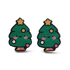 クリスマスプリントの木製スタッドピアス  女性用316ステンレスピン付き  クリスマスツリー  22.5x17.5mm  ピン：0.7mm&nbsp;EJEW-D046-03