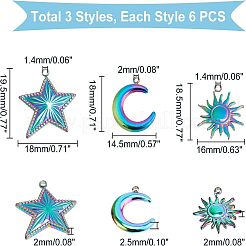 18個 3スタイル 201ステンレススチールペンダント  太陽と月と星  虹色  18~19.5x14~18x2~2.5mm  穴：1.4mm  6個/スタイル&nbsp;STAS-UN0034-29