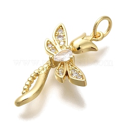 ラックメッキ真鍮マイクロパヴェキュービックジルコニアペンダント  カドミウムフリー＆鉛フリー  長持ちメッキ  バラとトンボ  18KGP本金メッキ  23x14x3.5mm  穴：3mm&nbsp;KK-I720-44G