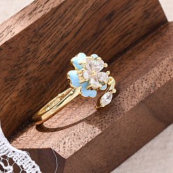 女性用真鍮マイクロパヴェクリアキュービックジルコニアカフリング  花  エナメル  ゴールドカラー  2~12mm  内径：16mm&nbsp;RJEW-C118-09G