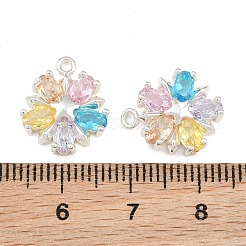 真鍮にカラフルなキュービックジルコニアを敷き詰めたチャーム  花のチャーム  銀  15x13x3mm  穴：1.2mm&nbsp;CU-CBA804C-07P