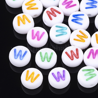 初期のアクリルビーズ  水平穴  フラットラウンド  ミックスカラー  文字.w  7x3.5~4mm  穴：1.2mm  約370個/50g&nbsp;X-OACR-E001-20W-1