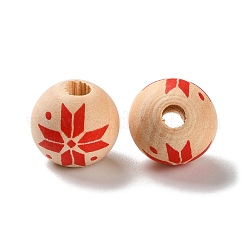 プリントウッドヨーロピアンビーズ  スノーフレークとラウンド  レッド  16x15mm  穴：4mm&nbsp;WOOD-Z002-08I