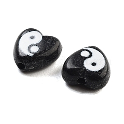 不透明なアクリルビーズ  陰陽模様のハート  ブラック  8.5x8.5x4mm  穴：1mm&nbsp;OACR-G038-01