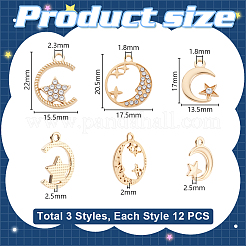 36 個 3 スタイル合金クリスタルラインストーンペンダント  星のチャーム入り月  ゴールドカラー  17~22x13.5~17.5x2~2.5mm  穴：1.8~2.3mm  12個/スタイル&nbsp;ALRI-GA0001-14