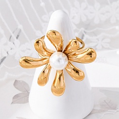 304ステンレススチール指輪  プラスチック模造真珠付き  18KGP本金メッキ  花  花：31.5x12mm  内径：18mm&nbsp;RJEW-Q005-02B-G