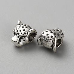 チベット風合金ヨーロピアンビーズ  大きな穴のヒョウの頭のビーズ  アンティークシルバー  11x10.5x8mm  穴：4.5mm&nbsp;FIND-CJC0021-30AS
