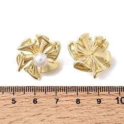 女性のための真鍮のスタッドピアス  花  樹脂模造パールビーズ  18KGP本金メッキ  23mm&nbsp;EJEW-F422-01A-G