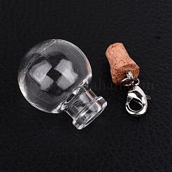 ラウンドガラス希望ボトルペンダント  アイアンパーツと真鍮カニカン付き  プラチナ  47mm  ボトル容量：2.5ml（0.08液量オンス）&nbsp;HJEW-JM00186-01