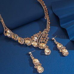 女性用ティアドロップ合金ラインストーンビブネックレス＆スタッドピアスセット  ライトスモークトパーズ  ネックレス: 320mm;イヤリング：54x16.2mm&nbsp;FS-WG2AA93-02