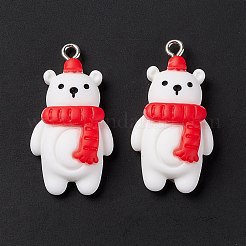 クリスマステーマの不透明樹脂ペンダント  プラチナトーン鉄パーツ  赤いスカーフをしたクマ  ホワイト  31.5x16.5x8mm  穴：2mm&nbsp;LS-FIND-E025-20