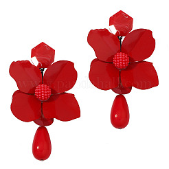 合金と樹脂のダングルスタッドピアス  ティアドロップの花  ファイヤーブリック  107x55mm&nbsp;FS-WG0AF0D-01